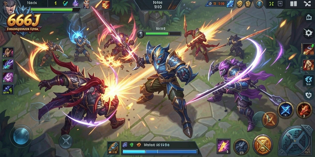 Screenshot gameplay 666J menampilkan pertarungan tim yang epik di arena.