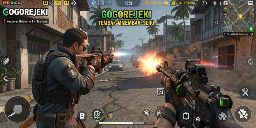 Screenshot GOGOREJEKI menampilkan aksi tembak-menembak yang seru.