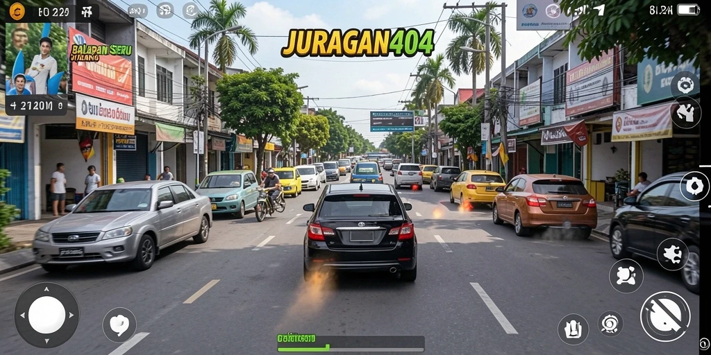 Tampilan gameplay menegangkan JURAGAN404 di trek balapan.