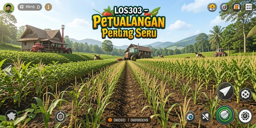 Tampilan gameplay utama LOS303 yang menampilkan kebun dan tanaman yang subur.