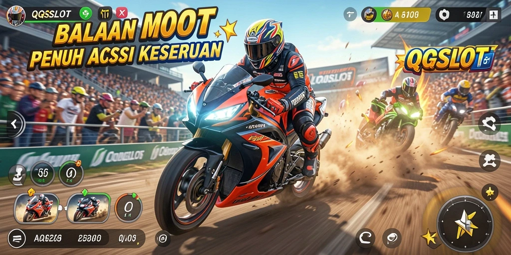 Tampilan gameplay QQSLOT yang mendebarkan dalam balapan motor.