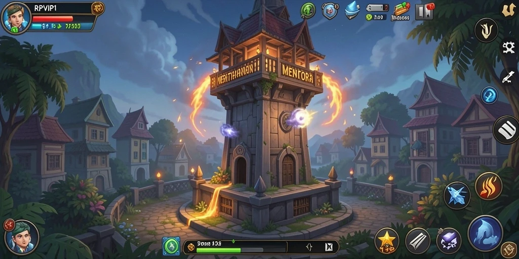 Gameplay seru RPVIP1 dengan menara mempertahankan basis dari serangan musuh.